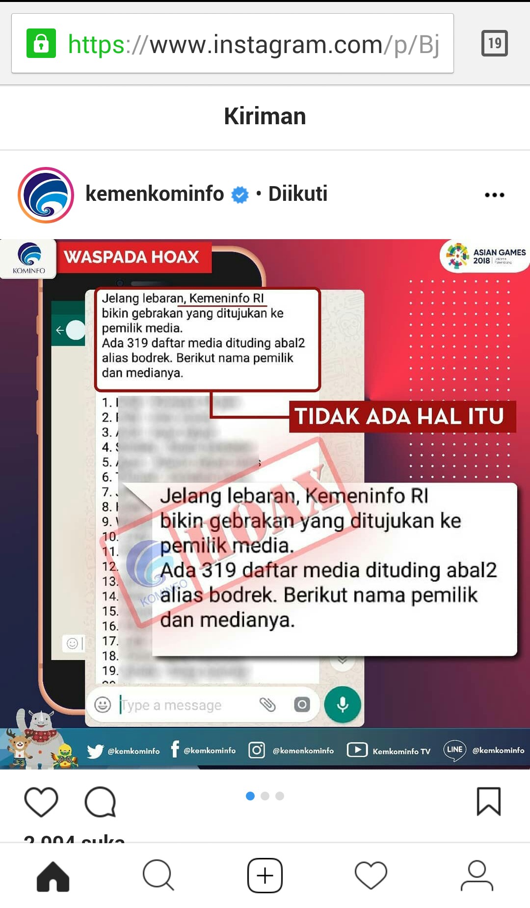 Kemenkominfo : Postingan 319 Media yang Dituding Abal-Abal adalah HOAKS!