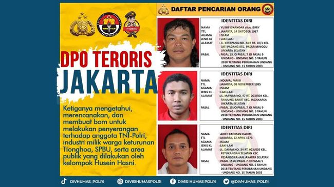 Dicari Densus 88, Ini Identitas 3 Terduga Teroris yang Masih Buron Identitas 3 DPO terduga teroris yang dirilis Polri (Dok twitter @DivHumas_Polri via CNN Indonesia)