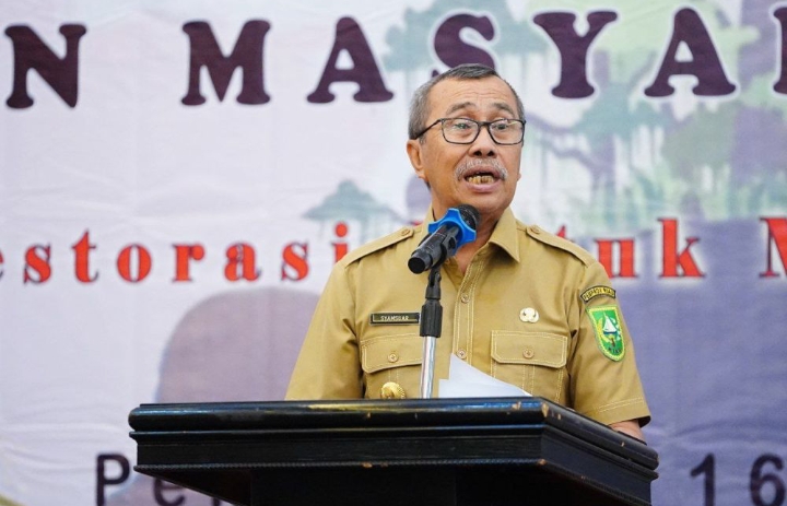 Gubernur Riau saat memberikan kata sambutan dalam acara pembukaan kongres Jaringan Masyarakat Gambut Riau yang digelar di Grand Suka Pekanbaru