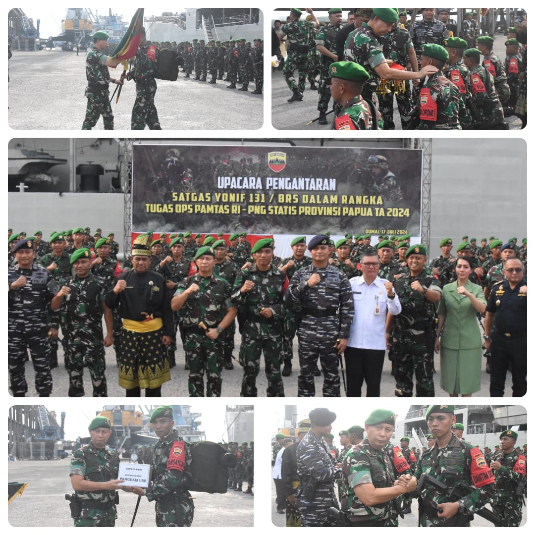 Danrem 031/WB Pimpin Upacara Pemberangkatan Satgas Yonif 131/BRS Pamtas RI – PNG Statis Provinsi Papua 2024