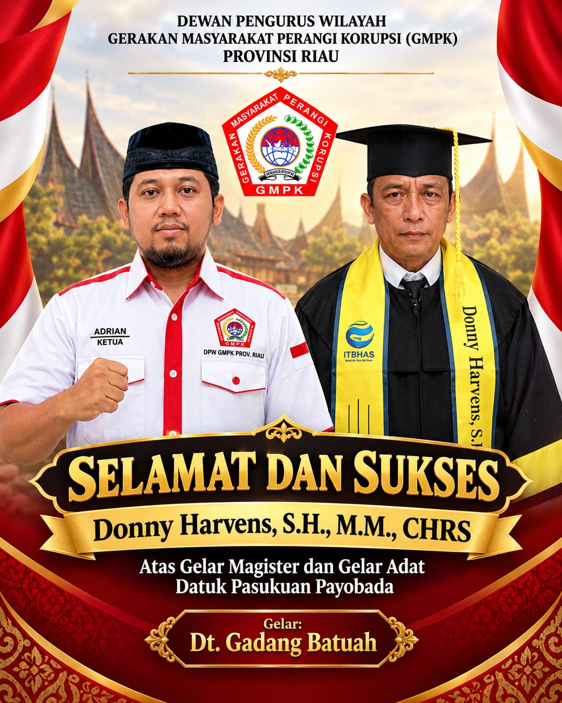 Dikukuhkan Datuk Gadang Batuah Dan Wisuda Magister Manajemen, Adrian GMPK Riau Sampaikan Selamat kepada Donny Harvens